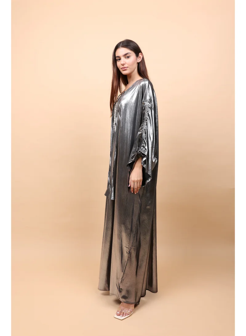 Ikkxa  Shimmer Fabric Silver Luxury Jalabiya for Women | Best Price UAE