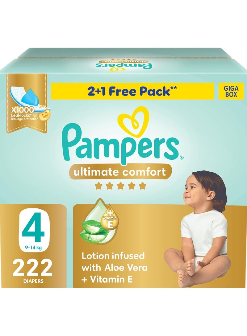 Pampers Ultimate Comfort Taped Diapers, Size 4, 9-14kg, Lotion infused with Aloe Vera and Vitamin E, x1000 Leak Locks Technology for Leakage Protection, Giga Box, 222 Count