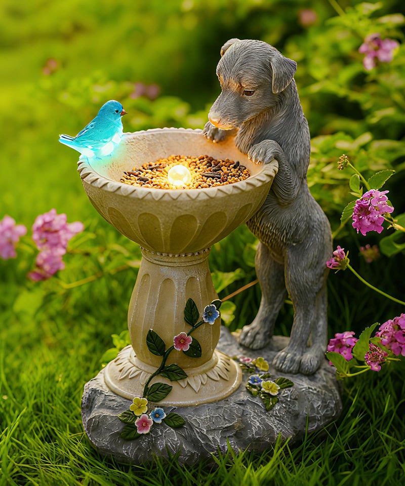 Nacome Solar Dog Garden Statues: Weatherproof Resin Decor with Automatic Lighting - Outdoor Yard Lawn Patio Balcony Art - Gifts for Mom Grandma Women Bird Lovers - Image 1