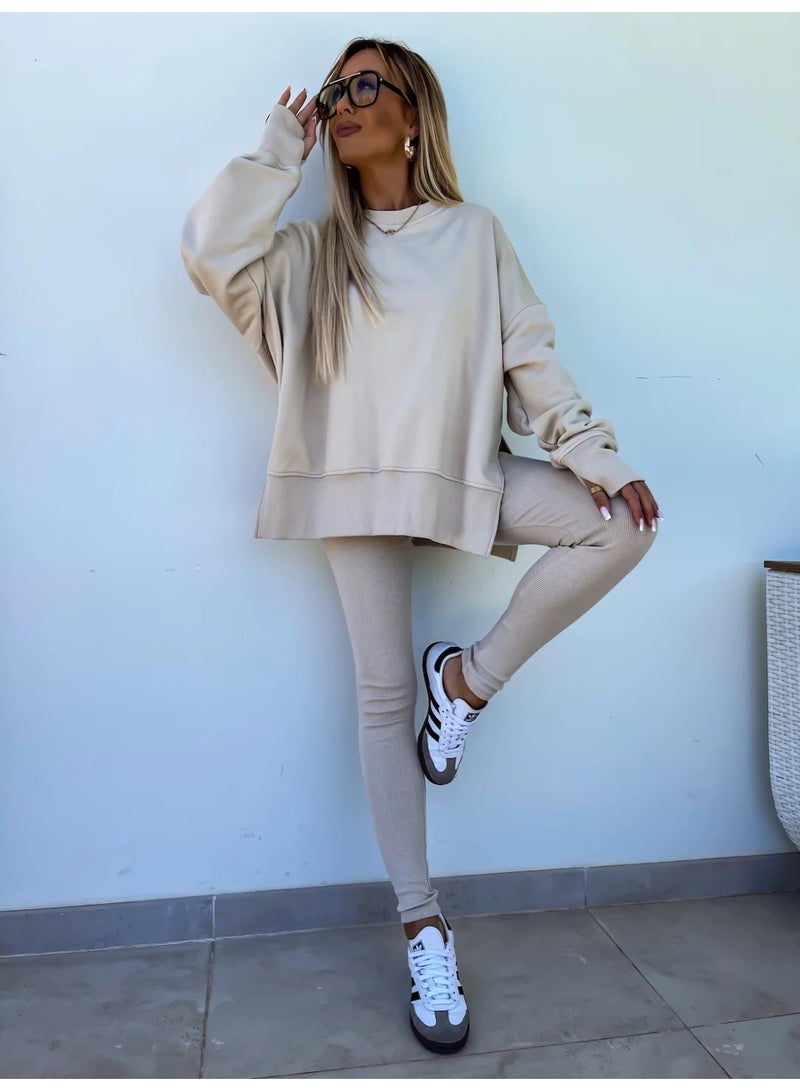 NIBEMINENT Women Sweatshirt 2 Piece Set Loose Casual Pullovers  Slit O-neck Tops Yoga Ribbed Leggings Fashion Street Outfits - Image 1