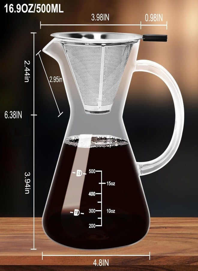 Obsoorth 500ML(16.9oz) Glass Pour Over Coffee Maker with Double Stainless Filte - 4 Cup (Approx Refers to 4 oz. Per Cup) Thickened Heat-Resistant Paperless Pour Over Coffee Dripper Perfect Extraction for Home - Image 2