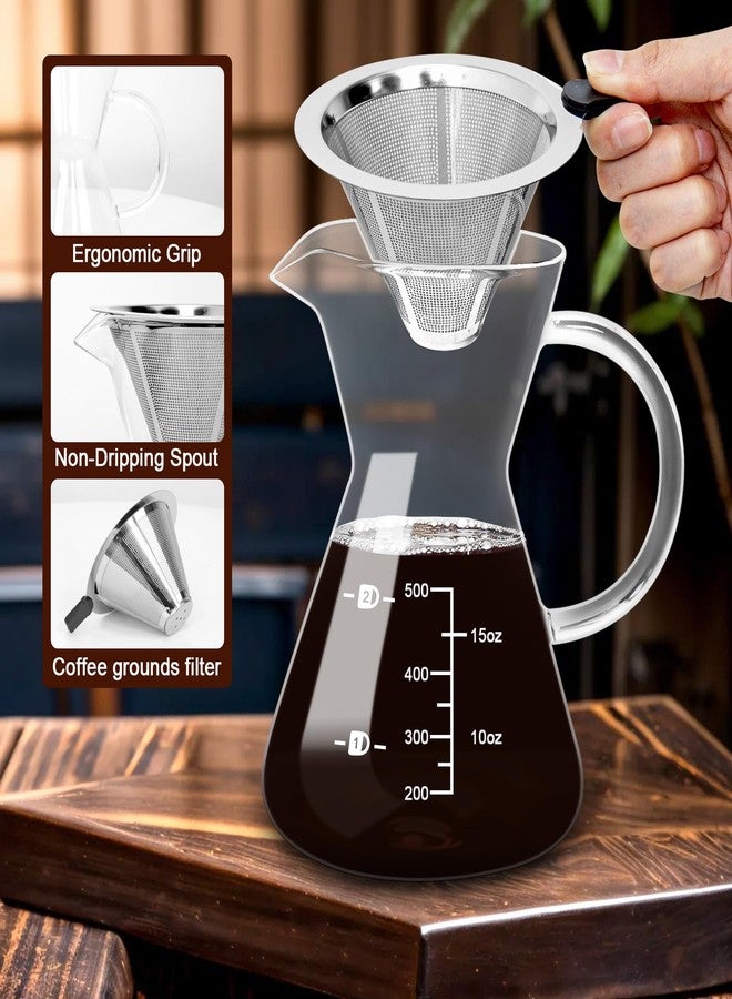 Obsoorth 500ML(16.9oz) Glass Pour Over Coffee Maker with Double Stainless Filte - 4 Cup (Approx Refers to 4 oz. Per Cup) Thickened Heat-Resistant Paperless Pour Over Coffee Dripper Perfect Extraction for Home - Image 3