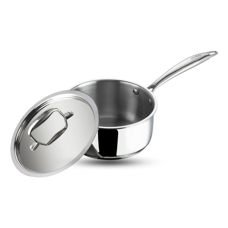 VINOD Vinod Platinum Triply Stainless Steel Saucepan with Lid 22 litres 18 cm 25 mm Thick Tea Chai Pan 5 Year Warranty Induction Gas Friendly Heavy Bottom Silver  - Image 1