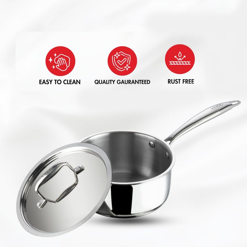 VINOD Vinod Platinum Triply Stainless Steel Saucepan with Lid 22 litres 18 cm 25 mm Thick Tea Chai Pan 5 Year Warranty Induction Gas Friendly Heavy Bottom Silver  - Image 5