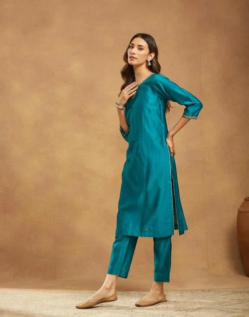 Fabindia Teal Cotton Silk Hand Embroidered Pant & Kurta Set