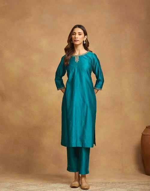 فاب انديا Teal Cotton Silk Hand Embroidered Pant & Kurta Set