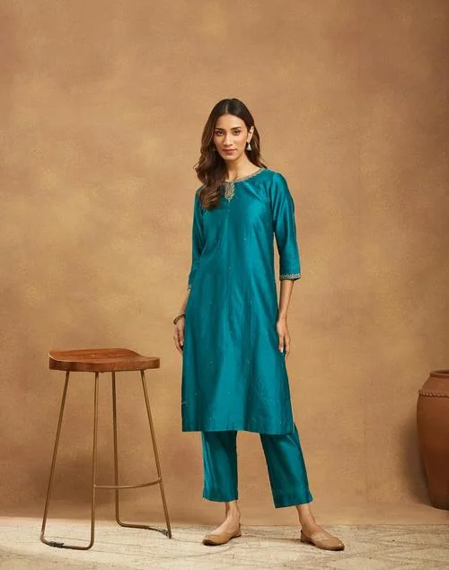 فاب انديا Teal Cotton Silk Hand Embroidered Pant & Kurta Set