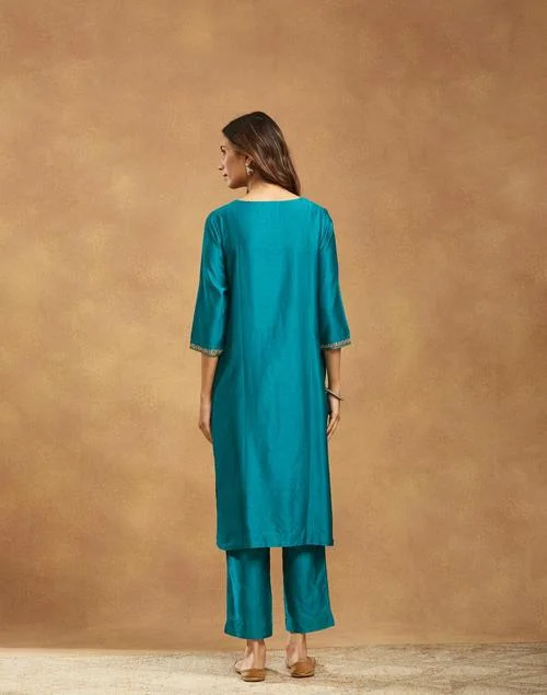 Fabindia Teal Cotton Silk Hand Embroidered Pant & Kurta Set