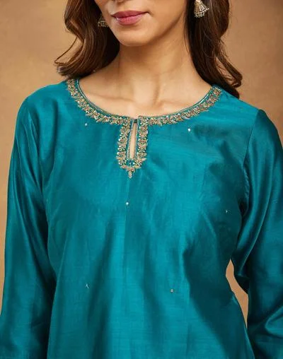 Fabindia Teal Cotton Silk Hand Embroidered Pant & Kurta Set