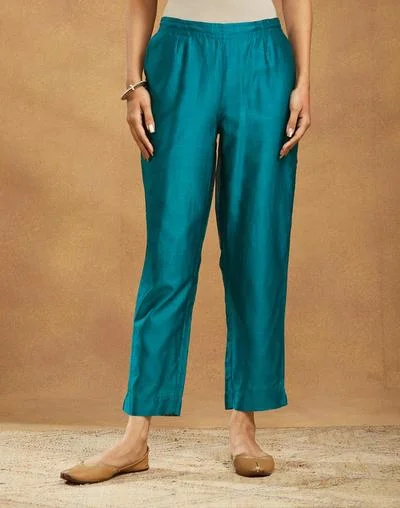 Fabindia Teal Cotton Silk Hand Embroidered Pant & Kurta Set