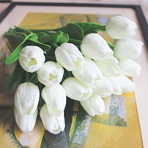 SHINE-CO LIGHTING PU Fake Tulips Real Touch Artificial Flowers 10Pcs Flower Arrangement Bouquet for Home Office Wedding Decoration (White) - Image 2