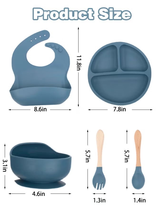 5-Pieces Silicone Baby Feeding Set, Baby Led Weaning Supplies with Suction Bowl and Divided Plate, Wooden Spoon and Fork, Toddler Tableware Set with Adjustable Soft Silicone Bib - Image 2