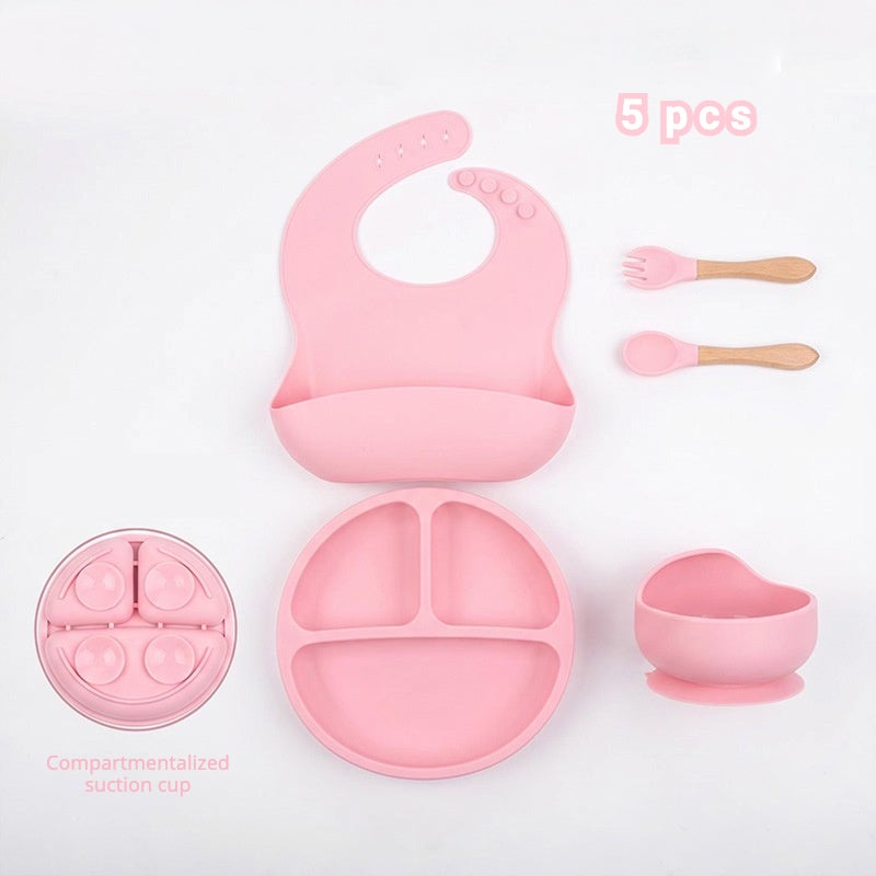 5-Pieces Silicone Baby Feeding Set, Baby Led Weaning Supplies with Suction Bowl and Divided Plate, Wooden Spoon and Fork, Toddler Tableware Set with Adjustable Soft Silicone Bib - Image 1