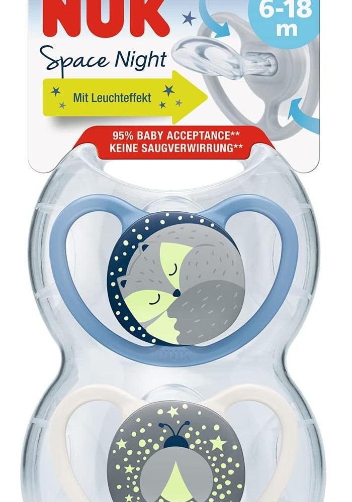 NUK Space Night, Glow In The Dark Orthodontic Silicone Soother, 6-18M, Assorted Colours And Designs (Cat & Firefly, Fox & Firefly), Pack Of 2 - Image 1