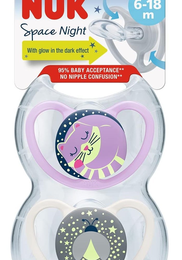 NUK Space Night, Glow In The Dark Orthodontic Silicone Soother, 6-18M, Assorted Colours And Designs (Cat & Firefly, Fox & Firefly), Pack Of 2 - Image 2