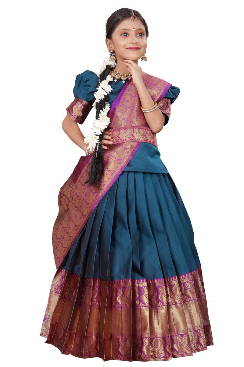 Fabcartz South Indian Traditional Kid Unstitched Half Saree for Girls – Elegant & Colorful Outfit for Special Occasions (Morpich) - Image 1