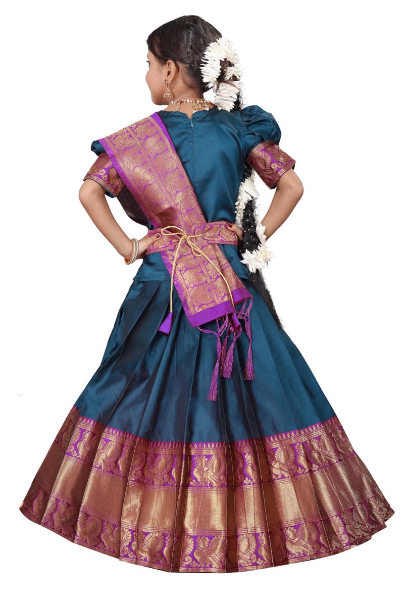 Fabcartz South Indian Traditional Kid Unstitched Half Saree for Girls – Elegant & Colorful Outfit for Special Occasions (Morpich) - Image 2