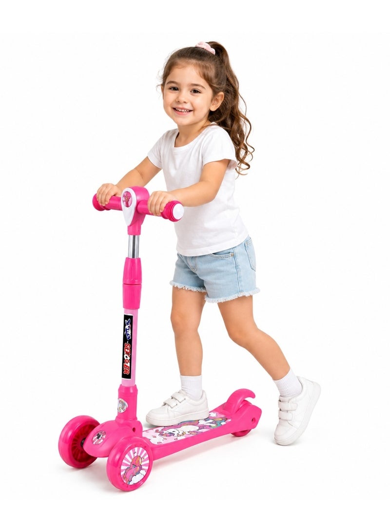 Toy Land Kids 3-Wheel Kick Scooter with LED PU Wheels, 4-Level Adjustable Handlebar, Lean-to-Steer, Rear Foot Brake-Dark pink - Image 1