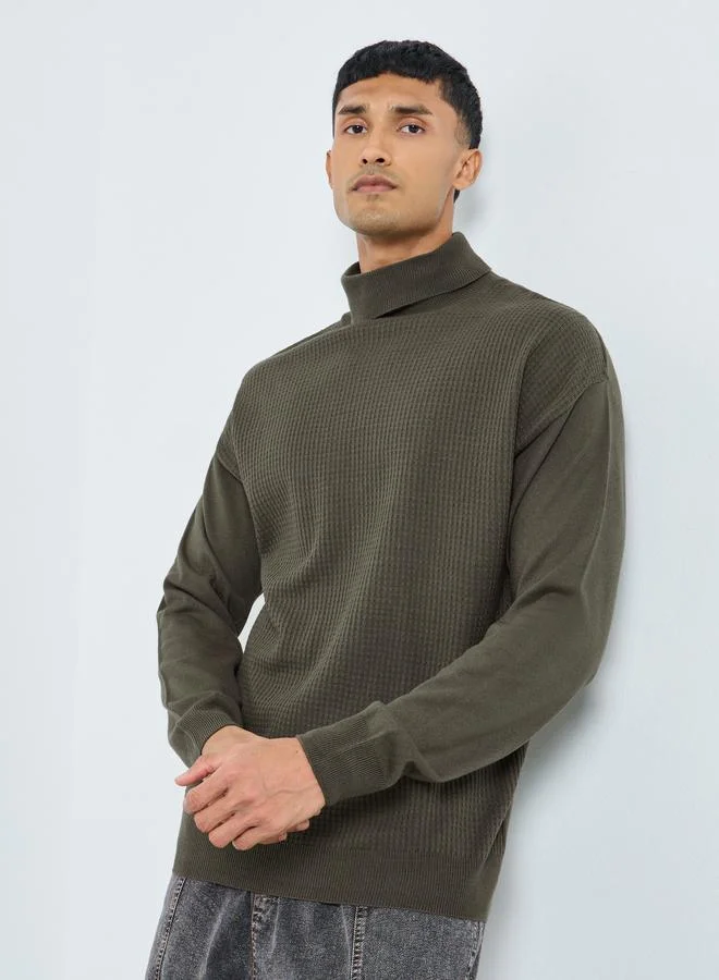Styli Styli Olive Turtle Neck Relaxed Fit Knit Sweater