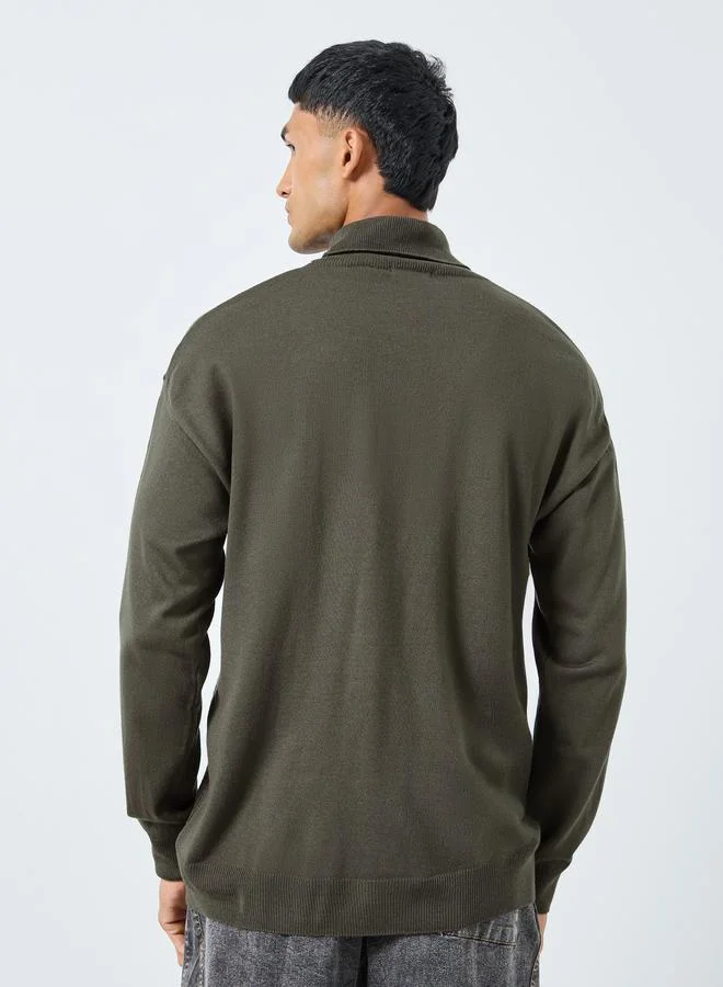 Styli Styli Olive Turtle Neck Relaxed Fit Knit Sweater