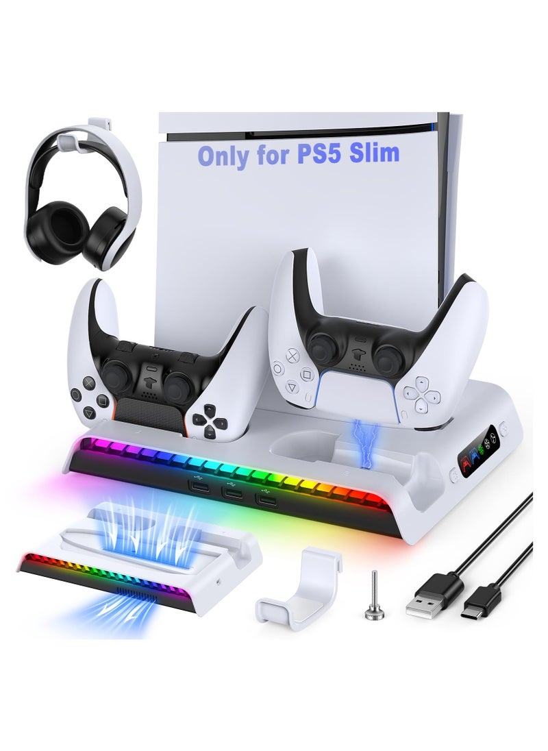 Ipega - PS5 Slim Cooling Stand with Controller Charging Station for PS5 Slim Console(Digital/Disc), Vertical Stand for Playstation 5 Slim Console Accessories with 9RGB Light, 3USB Port, Headset Holder - Image 1