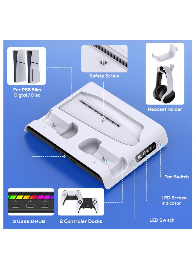 Ipega - PS5 Slim Cooling Stand with Controller Charging Station for PS5 Slim Console(Digital/Disc), Vertical Stand for Playstation 5 Slim Console Accessories with 9RGB Light, 3USB Port, Headset Holder - Image 1