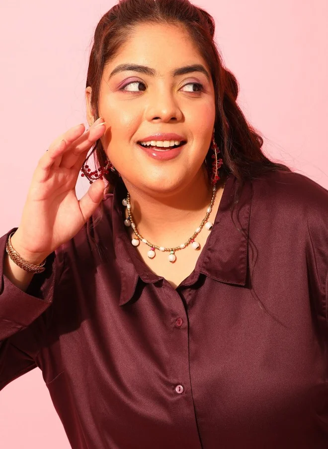 CURVY STREET Burgundy Classic Satin Casual Shirt for Women