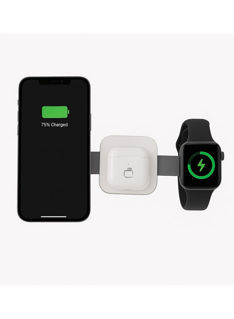 سبارتون محطة شحن لاسلكية قابلة للطي 3 في 1 من ماج سيف، قاعدة شحن سريعة Qi بقوة 15 وات، شاحن سفر مغناطيسي متعدد الاستخدامات لهواتف آيفون 16/15/14/13/12 برو ماكس، ساعة أبل ألترا/9/8/7/6/SE/5/4/3/2، سماعات إيربودز 3/2/برو، ووسادة جانبية محمولة بمنفذ USB-C - Image 1