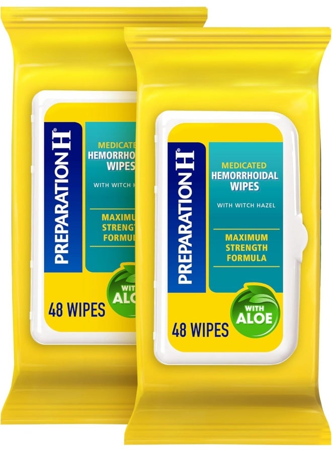 Preparation H مناديل تحضير H القابلة للشطف لعلاج البواسير، تخفيف قوي مع هازل الساحرة والألوة، كيس (2 × 48 قطعة، 96 قطعة) - Image 1
