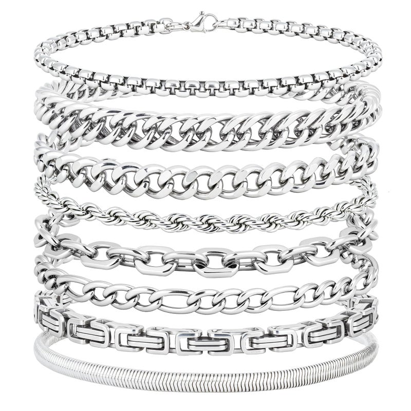 ELLEWIN 8Pcs Chain Bracelet for Men Stainless Steel Cuban Link Curb Figaro Herringbone Rope Paperclip Snake Byzantine Curb Chunky Chain Silver Bracelets Jewelry Set for Men 8.3 Inches - Image 1