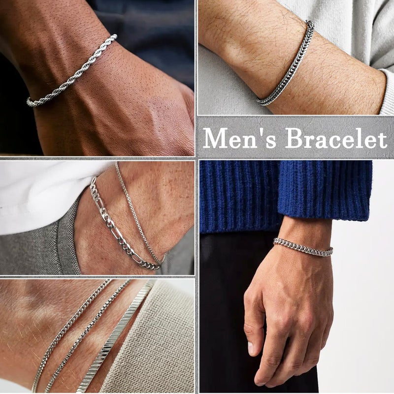ELLEWIN 8Pcs Chain Bracelet for Men Stainless Steel Cuban Link Curb Figaro Herringbone Rope Paperclip Snake Byzantine Curb Chunky Chain Silver Bracelets Jewelry Set for Men 8.3 Inches - Image 4
