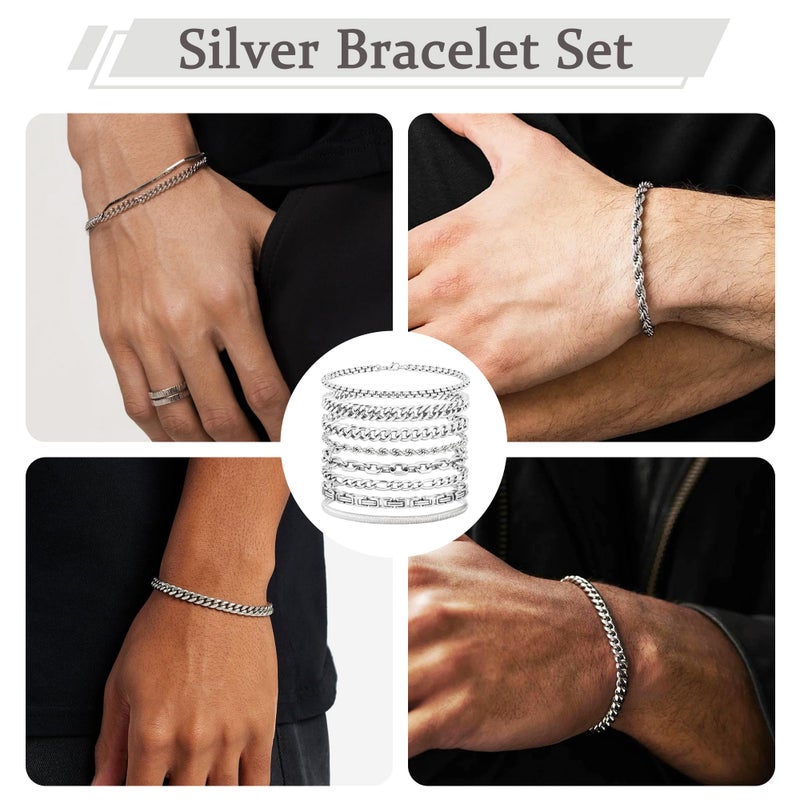 ELLEWIN 8Pcs Chain Bracelet for Men Stainless Steel Cuban Link Curb Figaro Herringbone Rope Paperclip Snake Byzantine Curb Chunky Chain Silver Bracelets Jewelry Set for Men 8.3 Inches - Image 3