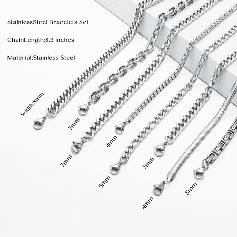ELLEWIN 8Pcs Chain Bracelet for Men Stainless Steel Cuban Link Curb Figaro Herringbone Rope Paperclip Snake Byzantine Curb Chunky Chain Silver Bracelets Jewelry Set for Men 8.3 Inches - Image 2