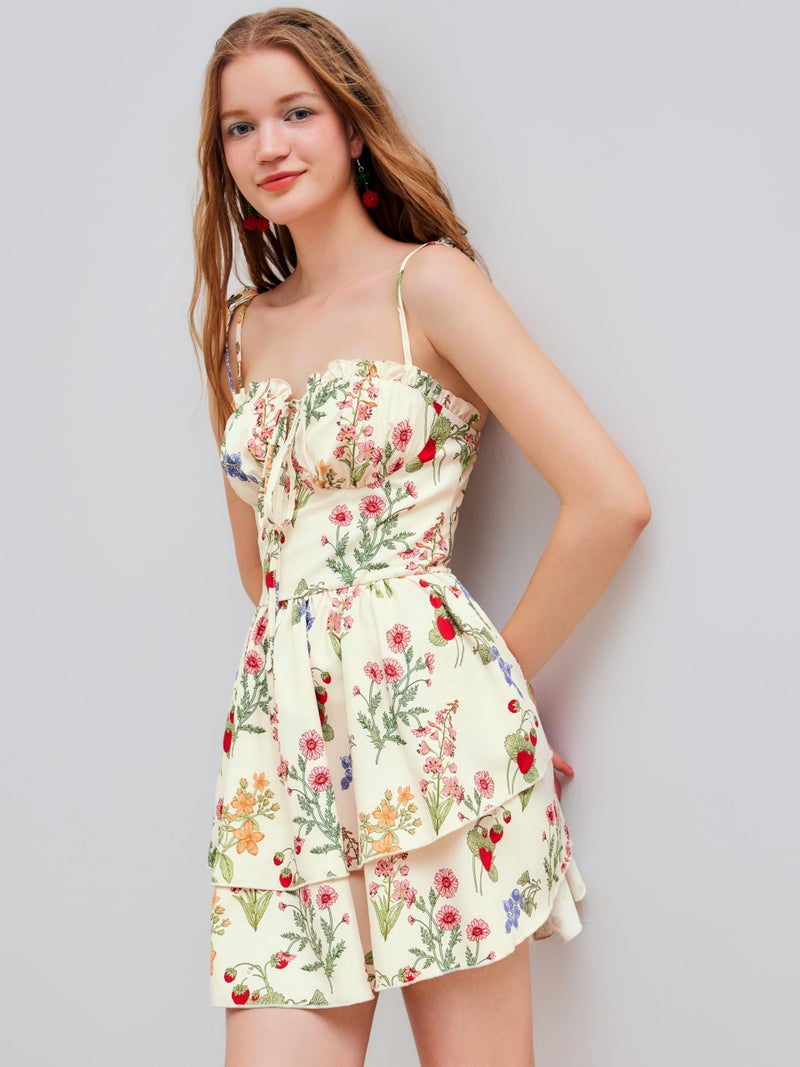 CIDER Woven Floral & Fruit Ruffle Hem Knotted Layered Mini Dress: Multicolor, S - Image 4