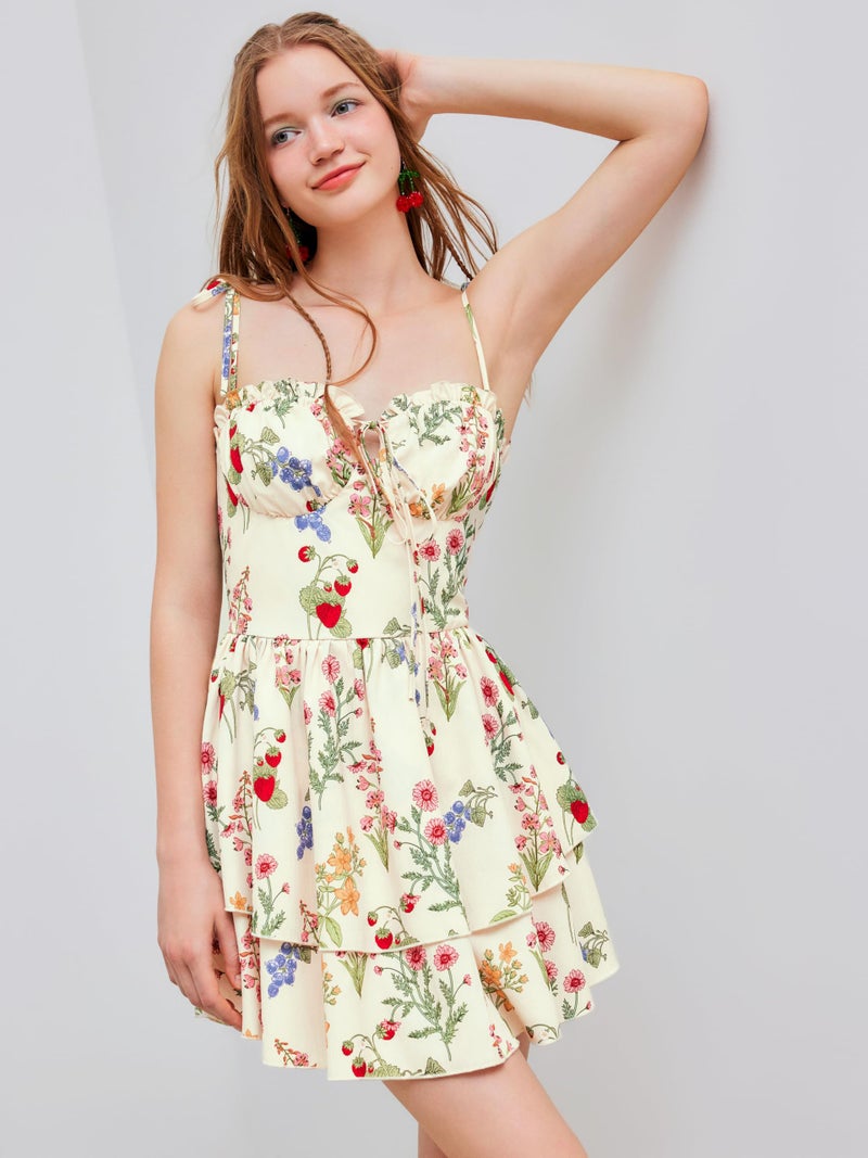 CIDER Woven Floral & Fruit Ruffle Hem Knotted Layered Mini Dress: Multicolor, S - Image 2