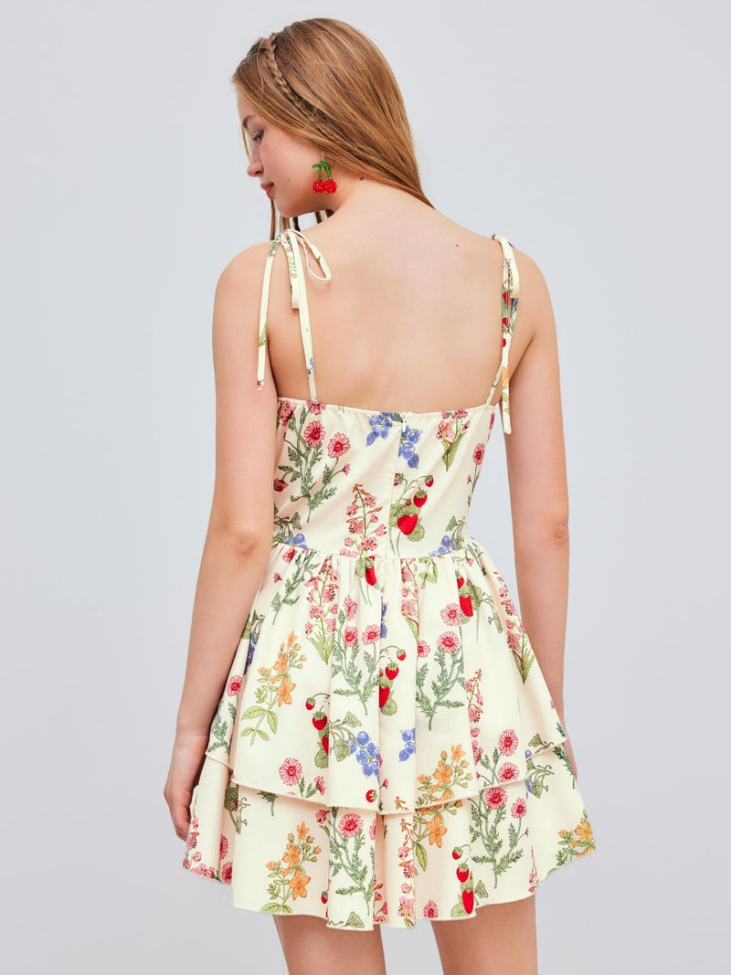 CIDER Woven Floral & Fruit Ruffle Hem Knotted Layered Mini Dress: Multicolor, S - Image 5