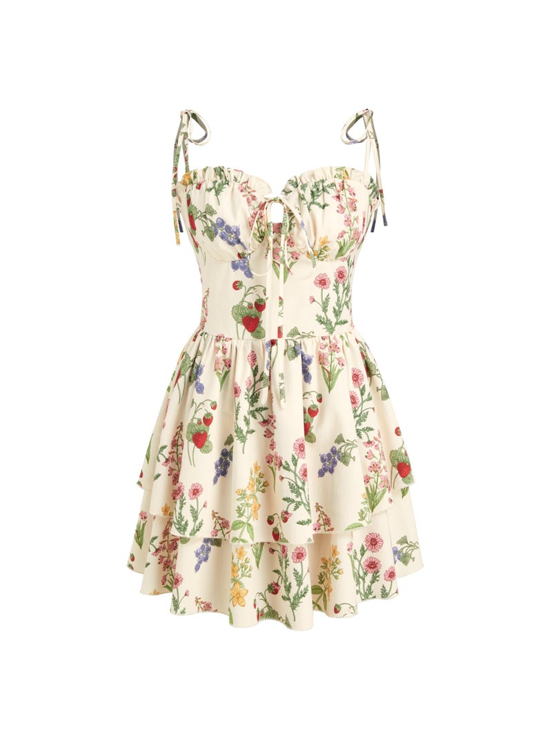 CIDER Woven Floral & Fruit Ruffle Hem Knotted Layered Mini Dress: Multicolor, S - Image 1