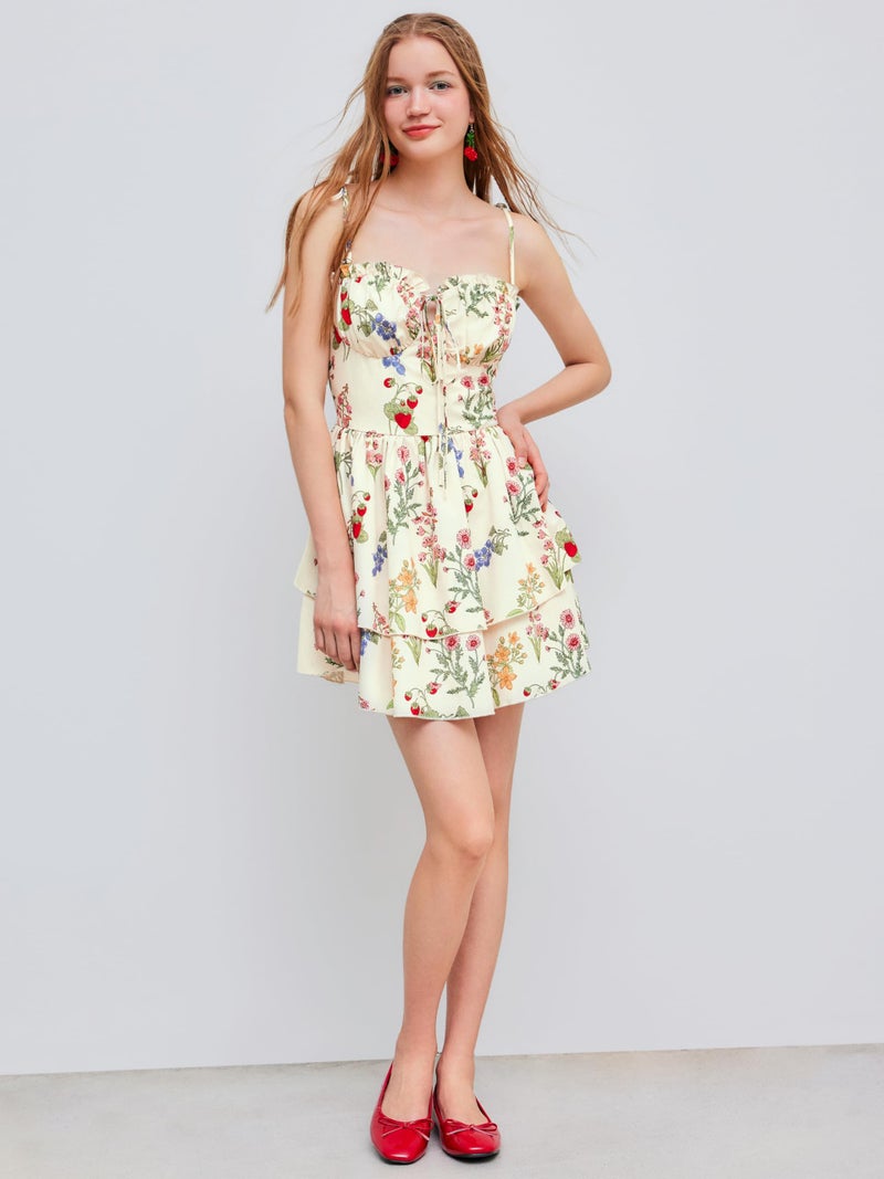 CIDER Woven Floral & Fruit Ruffle Hem Knotted Layered Mini Dress: Multicolor, S - Image 3