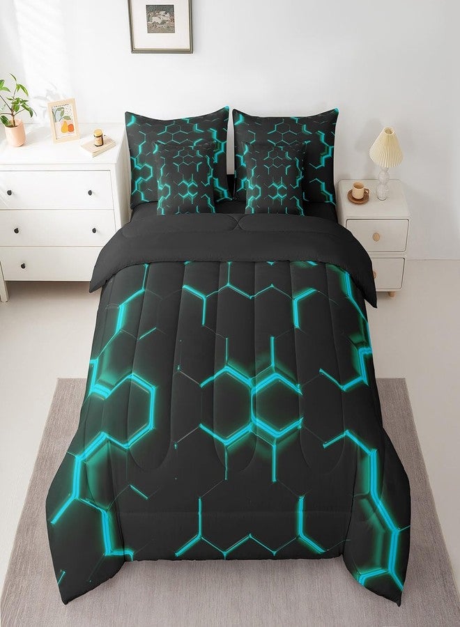 Feelyou Teal and Black Print 7 Piece Bedding Set Twin Size Hexagonal Comforter Set with Sheets Kids Boys Teens Honeycomb Decor Bed in a Bag Beehive Geometric Bed Set - Image 1