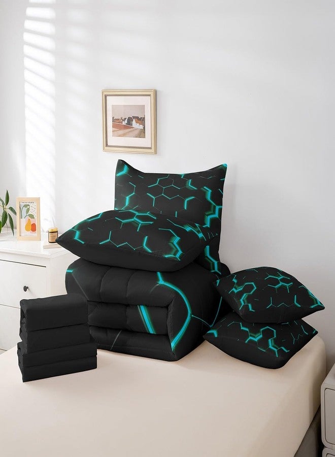 Feelyou Teal and Black Print 7 Piece Bedding Set Twin Size Hexagonal Comforter Set with Sheets Kids Boys Teens Honeycomb Decor Bed in a Bag Beehive Geometric Bed Set - Image 4