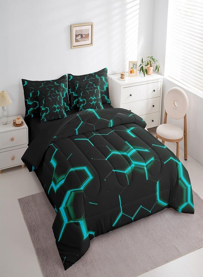 Feelyou Teal and Black Print 7 Piece Bedding Set Twin Size Hexagonal Comforter Set with Sheets Kids Boys Teens Honeycomb Decor Bed in a Bag Beehive Geometric Bed Set - Image 3