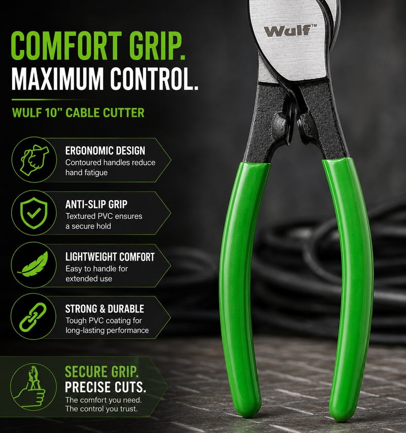 WULF 10 Inch Cable Cutter Heavy Duty Wire Cutting Plier Tool 250mm with Heat Treated Carbon Steel Blades and Non Slip PVC Grip Handle for Electrical, Telecom, Copper & Aluminium DIY Cable Cutting - Image 4