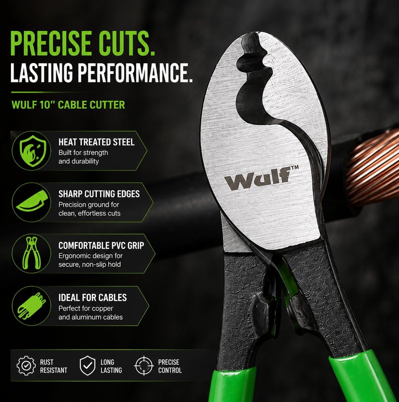 WULF 10 Inch Cable Cutter Heavy Duty Wire Cutting Plier Tool 250mm with Heat Treated Carbon Steel Blades and Non Slip PVC Grip Handle for Electrical, Telecom, Copper & Aluminium DIY Cable Cutting - Image 3
