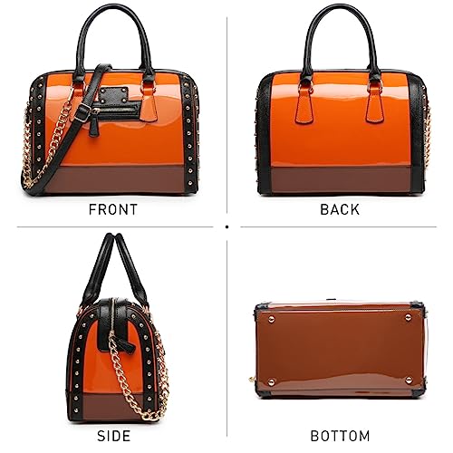 Dasein Women's Barrel Bag Shiny Patent Faux Leather Handbag with Rivet Decoration Top Handle Satchel Shoulder Purse (Large Orange) - Image 3