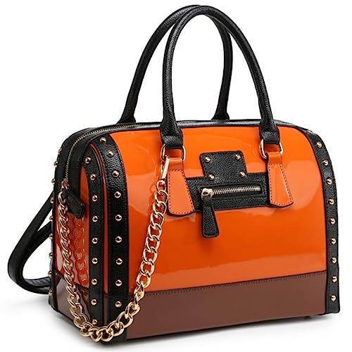 Dasein Women's Barrel Bag Shiny Patent Faux Leather Handbag with Rivet Decoration Top Handle Satchel Shoulder Purse (Large Orange) - Image 1