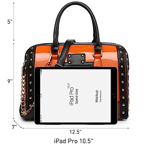 Dasein Women's Barrel Bag Shiny Patent Faux Leather Handbag with Rivet Decoration Top Handle Satchel Shoulder Purse (Large Orange) - Image 4