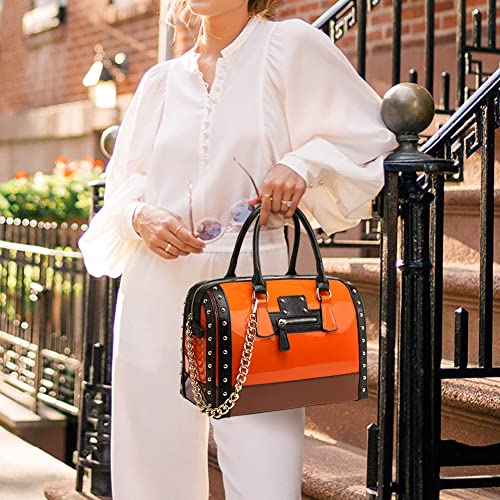 Dasein Women's Barrel Bag Shiny Patent Faux Leather Handbag with Rivet Decoration Top Handle Satchel Shoulder Purse (Large Orange) - Image 2