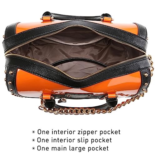 Dasein Women's Barrel Bag Shiny Patent Faux Leather Handbag with Rivet Decoration Top Handle Satchel Shoulder Purse (Large Orange) - Image 5