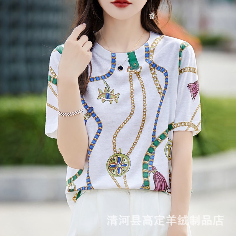 There Is Always A Suitable One-Summer Classic Joker Mulberry Silk Various Printed Pattern Round Neck Short Sleeve T-Shirt - Image 1