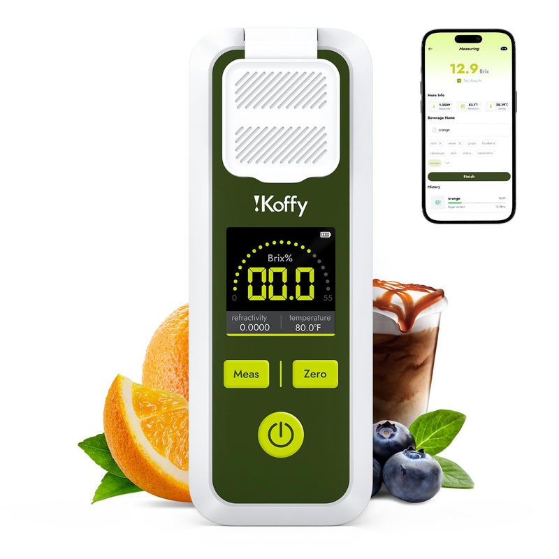 iKoffy مقياس الانكسار الرقمي AI مع ATC، مزامنة التطبيق وتحليل AI، نطاق 0-55%، دقة ±0.1%، مقاوم للماء وقابل لإعادة الشحن، للفواكه والخضروات والعصائر والمشروبات - Image 1